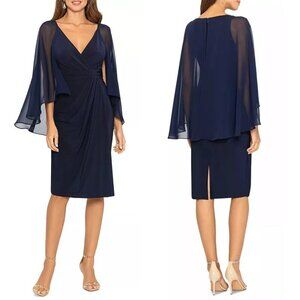 NWT Betsy & Adam Ruched Draped Chiffon Cape Sheath Midi Dress in Navy Sz. 6